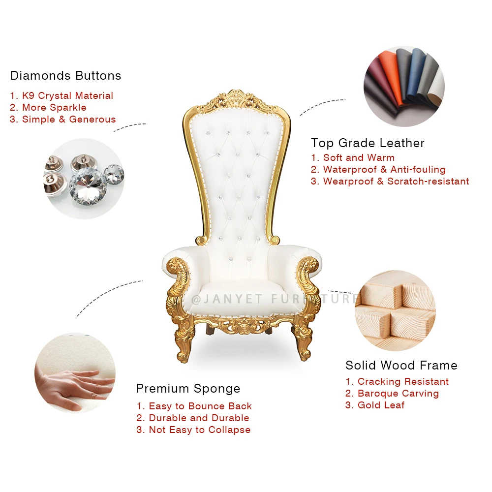 Wholesale Royal Gold and White Solid Wood High Back Single King Seat Wedding