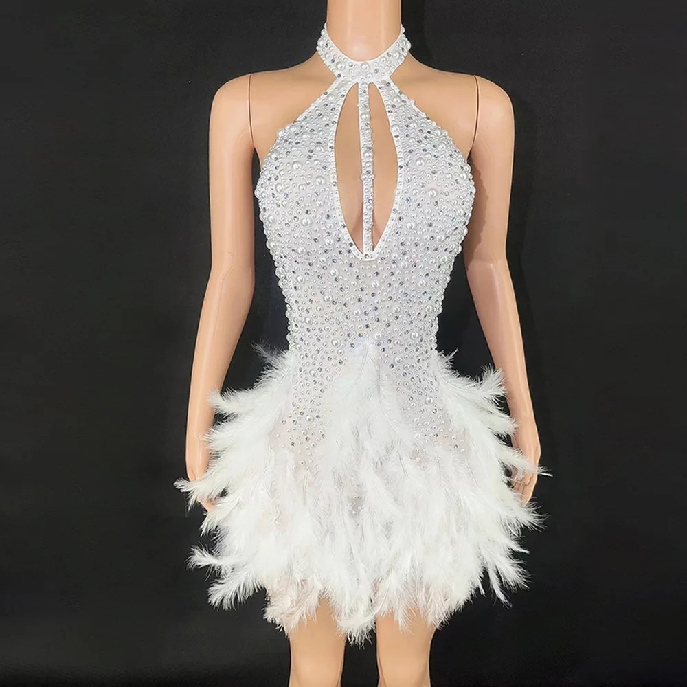 Shinning paillettes piume rosa Sexy Backless Halter guaina Dress Evening Party Performance Costume Nightclub Singer Dancer Stage