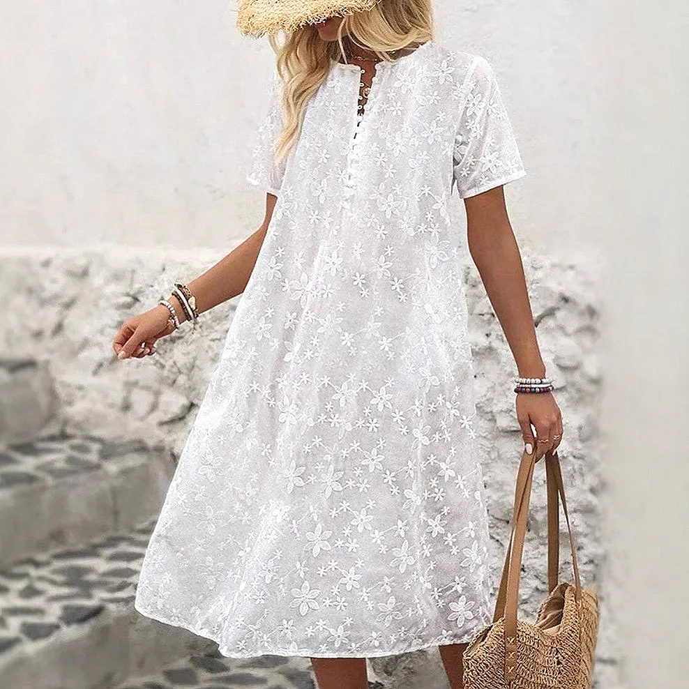 

New summer vacation style flower V-neck lace dress fashionable simple luxury temperament elegant high-end vacation style party d