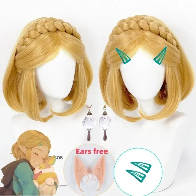 Zelda Princess Cosplay Wig Golden Blonde Braided Short Wig Cosplay Anime Princess Cosplay Wig Ears Heat Resistant Wigs Wig Cap