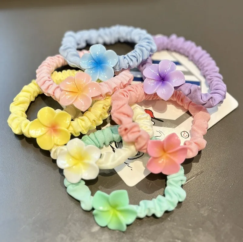 2pcs Hair Rope Plumeria Flower Hair Ring Traditional Egg Flower Rubber Band Hair Ornaments Colorful Flower Headdress