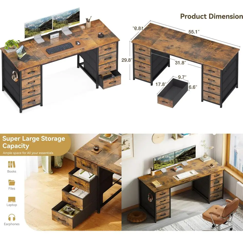55 Modern Computer Desk with 8 Fabric Drawers for Home Office, Study, and Gaming with Large Storage Capacity
