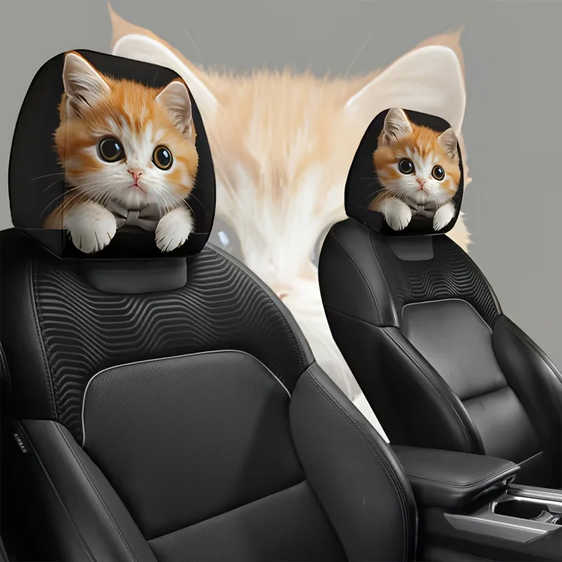 Cute Orange Cat Print Car Headrest Pillow Covers Big Eyed Soft Elastic Interior Decor Easy Install Travel Accessories