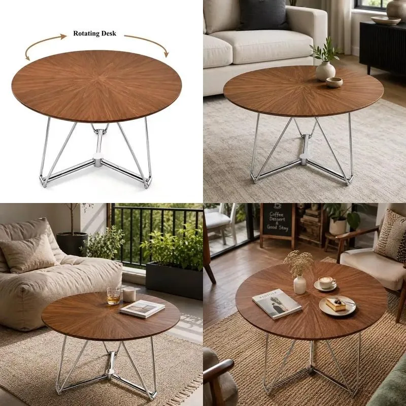 Medieval Style Walnut Veneer Round Edge Safe Rotating Table with Chrome Base Small Round Feet for Living Room