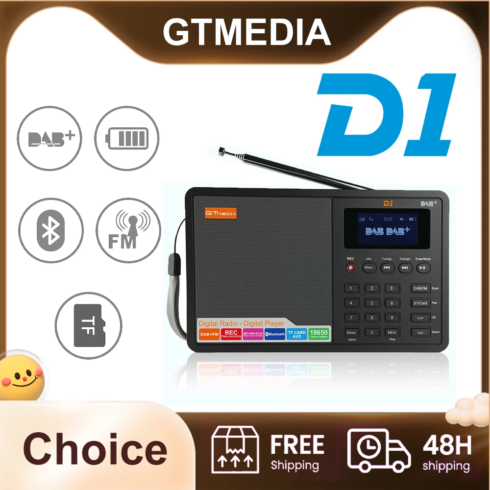 GTMEDIA D1 DAB/FM Portable Radio Support BT TF Card Digital Player Support Clock/Alarm/Sleep Timer with Time Backup AUX Input