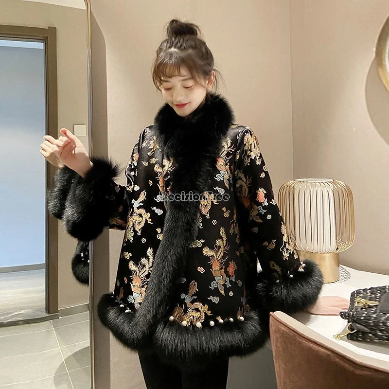 2025 winter chinese style imitation fox fur grass coat court satin embroidery tang costume cloak medium length thicken warm coat