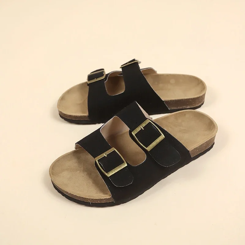 

New Summer Women's Cork Slippers Casual Beach Double Buckle Non-slip Outside Nubuck Leather Slip on Slides Shoe Women Sandalen