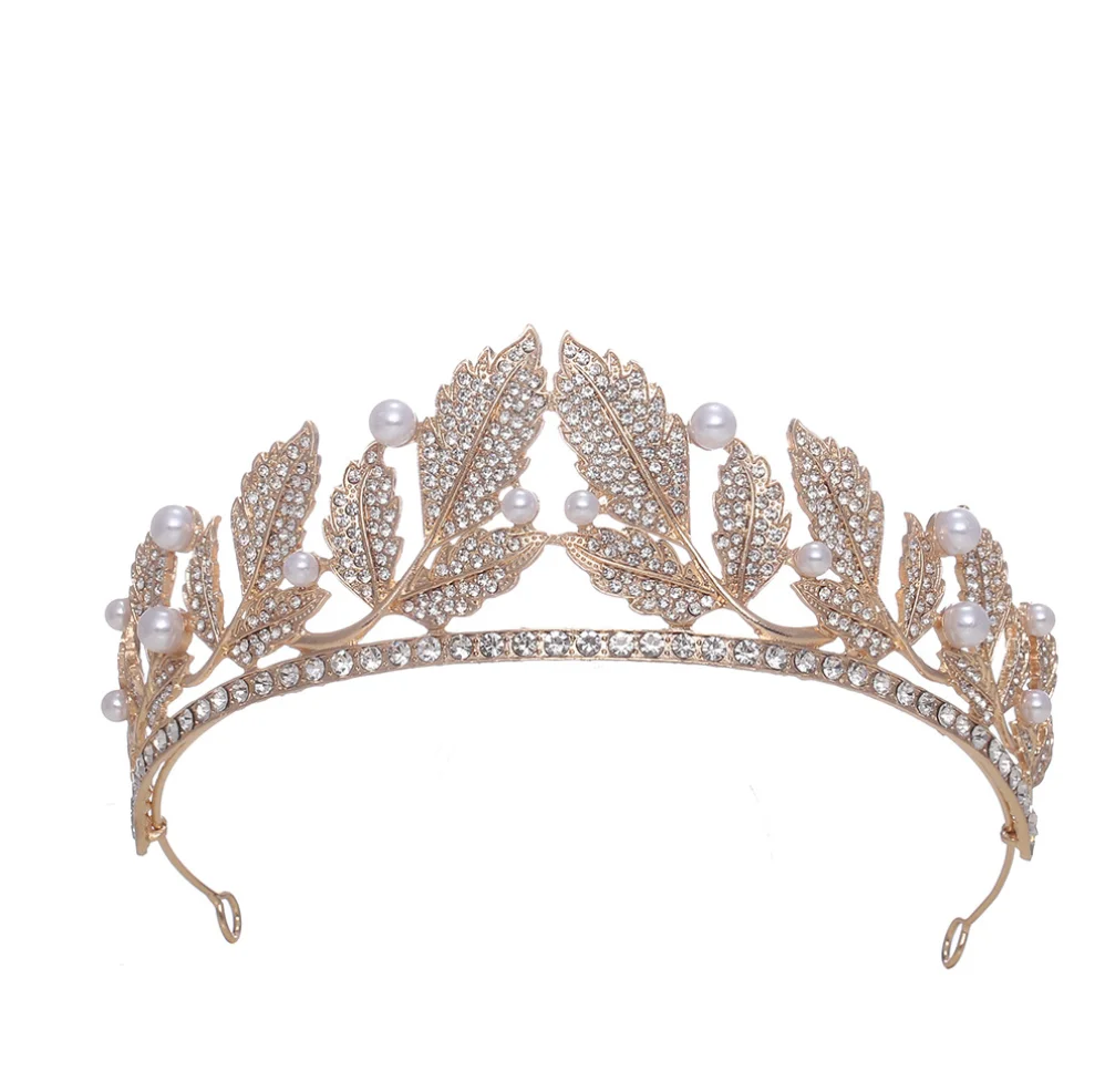 

Women Crowns Tiaras For Bride Wedding Headpiece Pearl Leaf Queen Bridal Headband Crowns For 15 Years Girl Party Prom Headdress