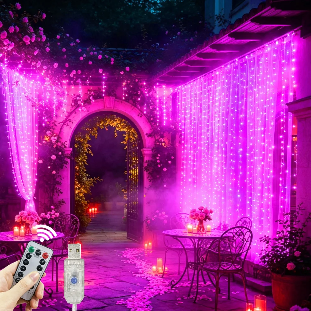 1pc Festoon LED Curtain Light String USB Power with Remote Control for Wedding Valentine's Day Christmas Bedroom Home Decoration