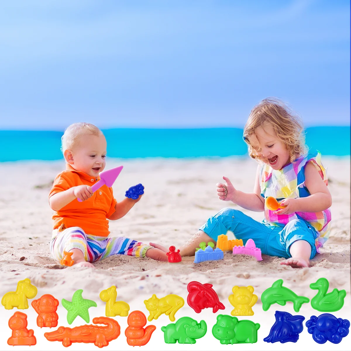 TOYMYTOY 27PCS Sand Molding Toys Kid's Summer Beach Toys Sand Play Set with Castle Animal Sand Molds and Tools (Random Color)