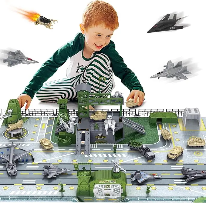 

Military Base Toy Army Toys Set with Vehicles Airplane Tank Trucks Helicopter Fighter Jet Play Mat with Army Men Action Figures