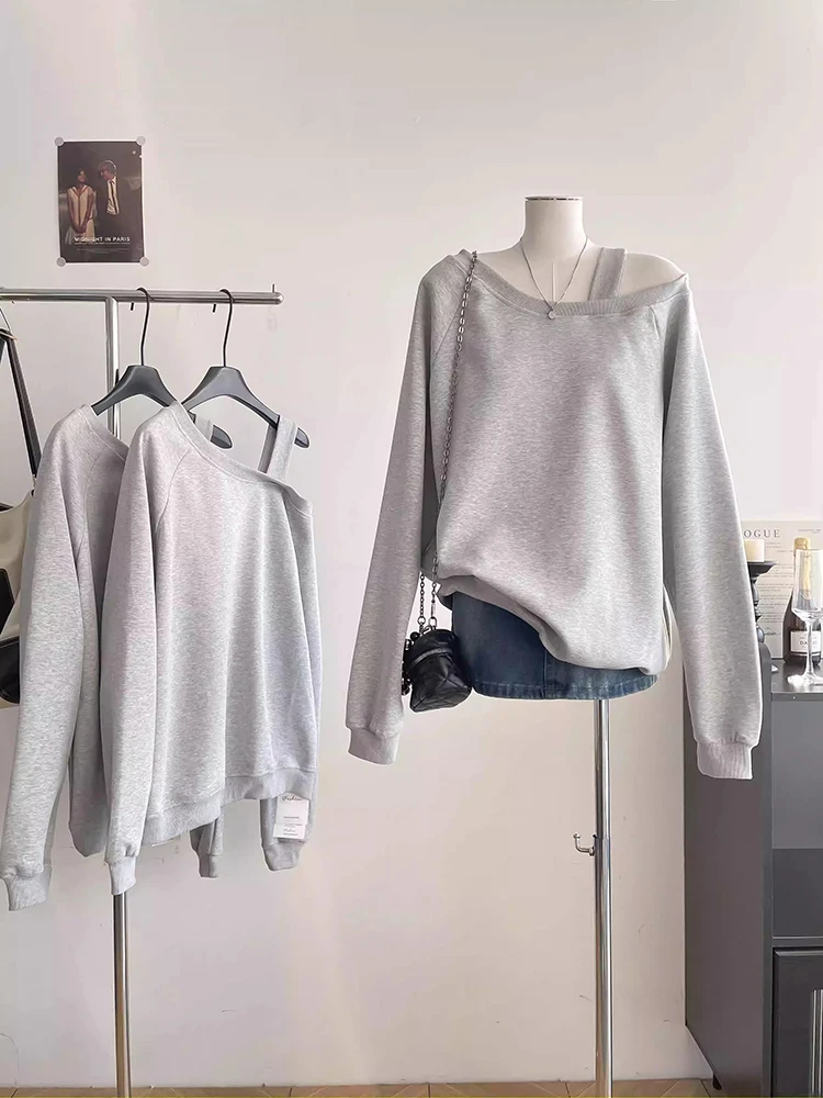 

Autumn New Women Loose Off Shoulder Sweatshirt Korean Lazy Style Pullover Tops Casual Versatile Solid Color Long Sleeve Tops