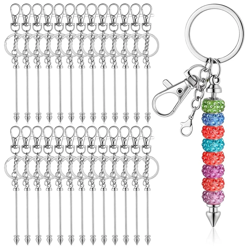 ABRS-26 Pcs Beadable Keychains, Silver Keychain Making Kit With Beadable Keychain Bar Lobster Clasps Key Rings
