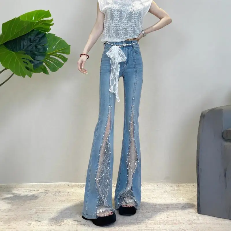 Hot 2026 Spring Summer New Fashion Womenwear Blue Lace Hot Diamond Splicing Thin Jeans Elegant Sweet High Waist Wide Leg Jeans