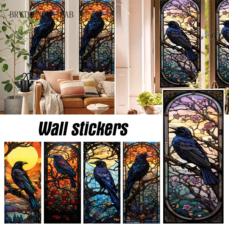 Stained Halloween Crow Colored Glass Film Electrostatic PVC Window Privacy Film Party Window Decor Stickers