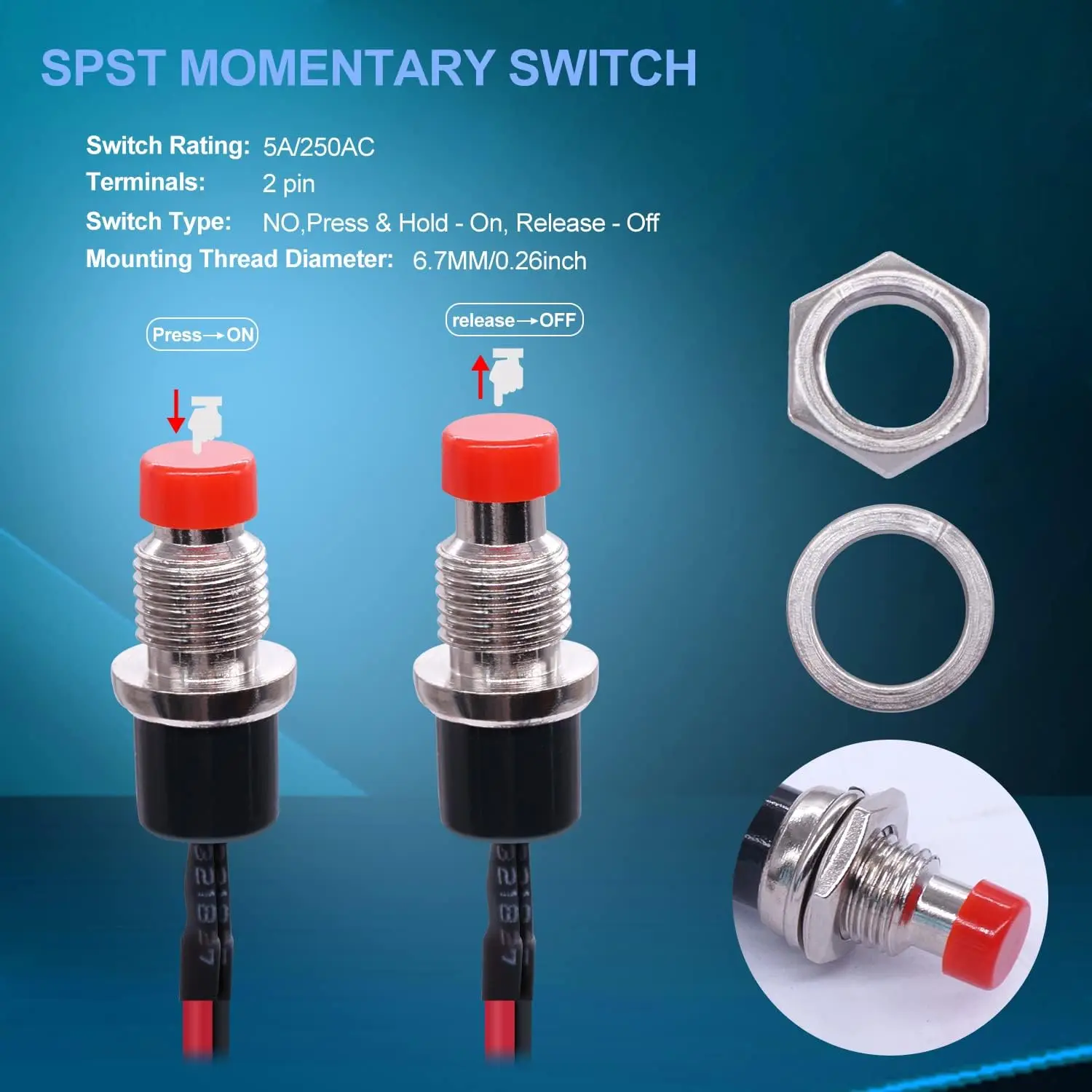 12PCS 12V 250V Momentary Push Button Switch 2 Pins SPST 7mm Normal Open 1A Mini Round Button Switch with Pre-soldered Wires image 5