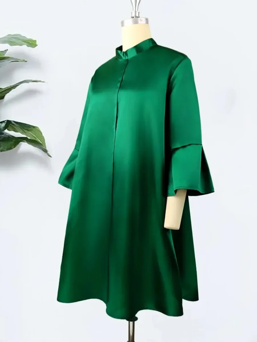 Women Loose Dress Three Quarter Sleeves Oversized Yellow Green Pink Casual Fashion Ladies Classy Summer Autumn Robes Gowns 2022