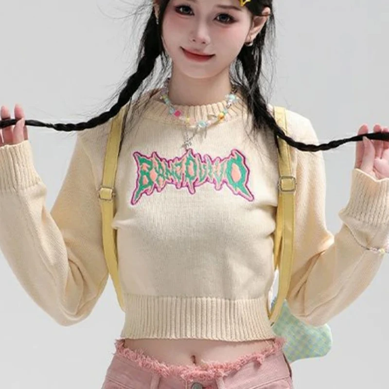 

Винтажные сексуальные укороченные свитера женские тонкие с буквенным принтом с длинным рукавом милый вязаный джемпер в консервативном стиле женские повседневные пуловеры с круглым вырезом