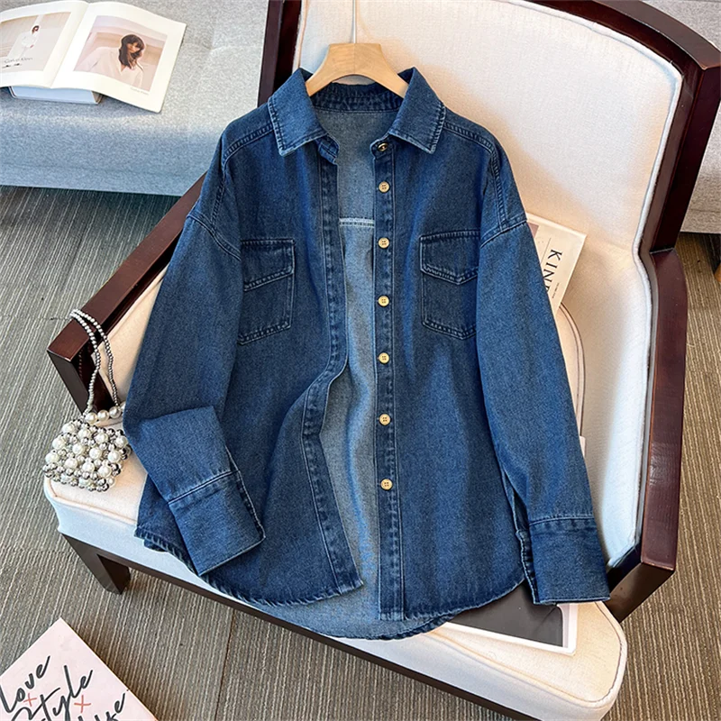 Primavera otoño mujer Vintage lavado azul oscuro azul claro Denim camisa chaqueta solapa de un solo pecho de manga larga Jeans chaqueta abrigo