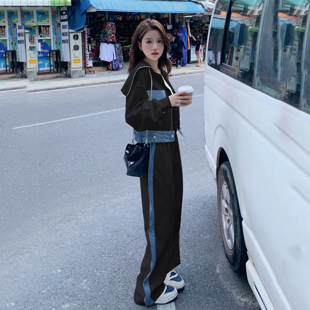 Casual Trousers Sports Suit Women\'s Spring/Autumn Fashion Color Contrast Hoodie Jacket + High Waist Wide Leg Pants Two Piece Set