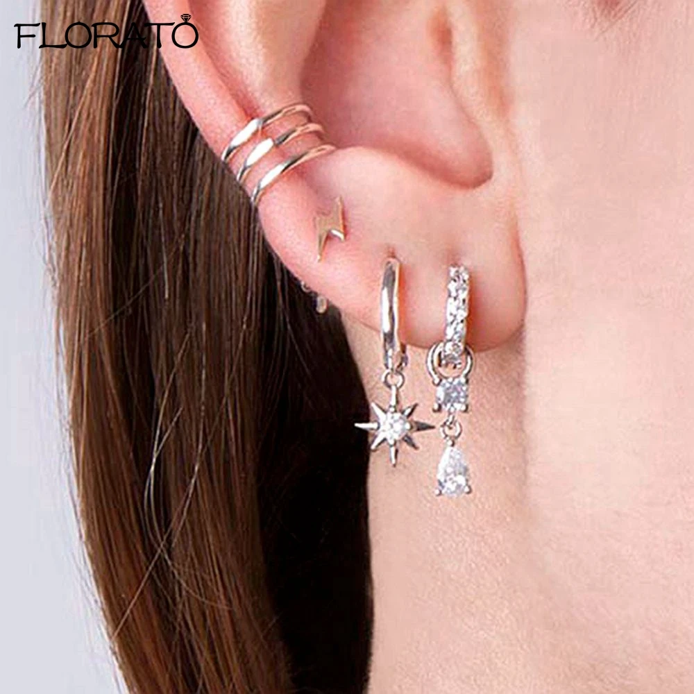 High Quality Crystal Zircon Water Droplet Pendant Hoop Earrings for Women Fashion18K Gold Color Earrings Luxury Jewelry New