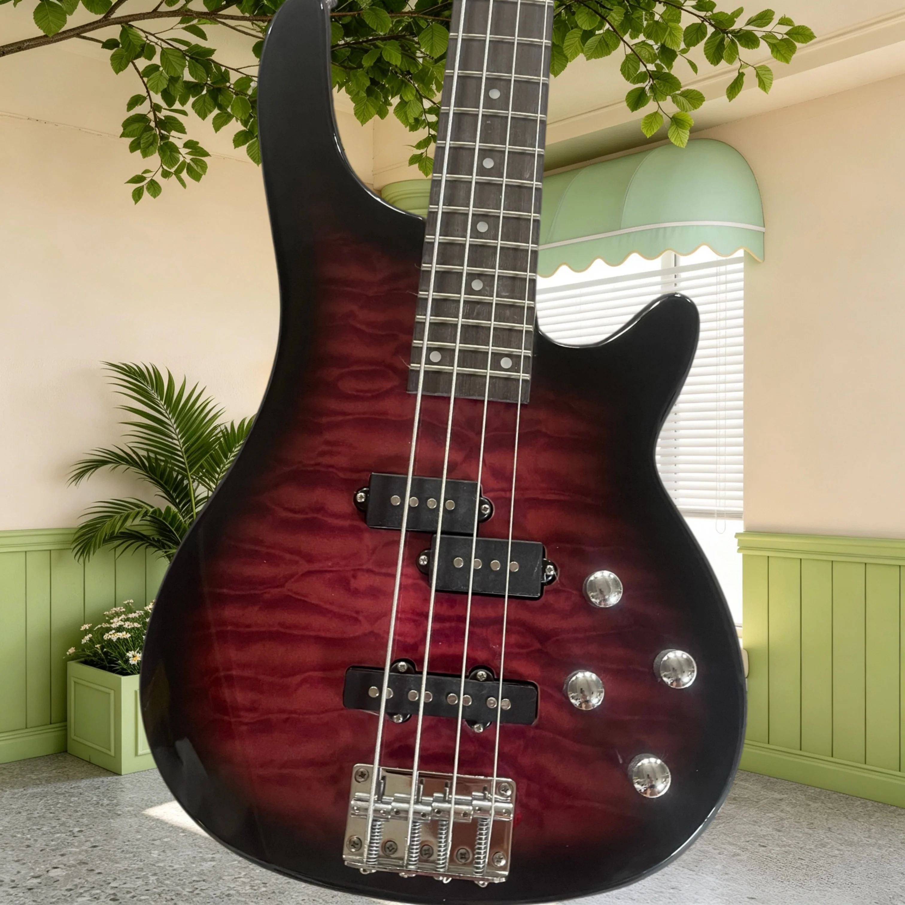 PB‑Style Red Purple Gradient Quilted 4 String Electric Bass Three Pickups Rich Dynamic Rock Metal Band Rehearsal Performance