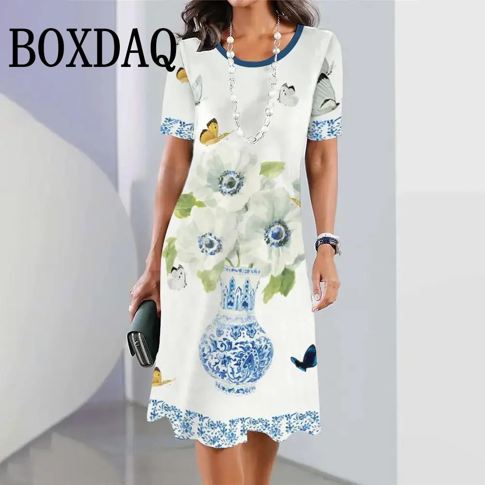 New Porcelain Floral Print Women's Dresses Vintage Summer Short Sleeve Loose Dress 2025 Casual Fashion Dresses Women's Clothing