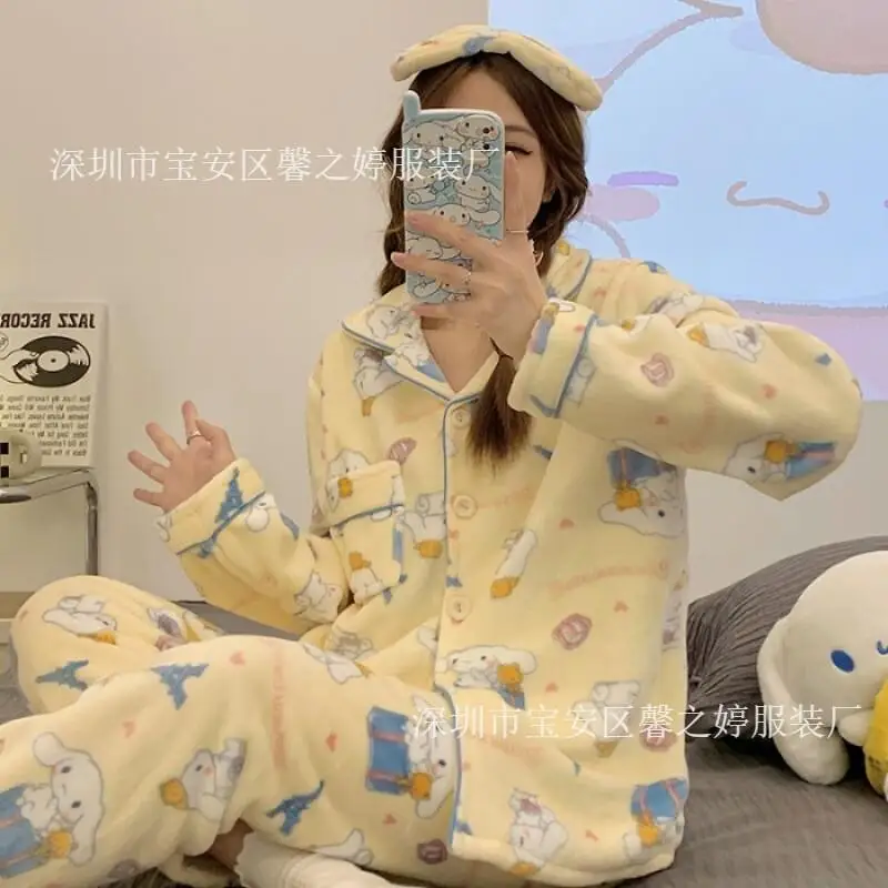 

Пижама Sanrio из кораллового флиса для женщин, теплая зимняя домашняя одежда с мультяшным принтом, уютная одежда для сна, милый кавайный модный комплект для сна