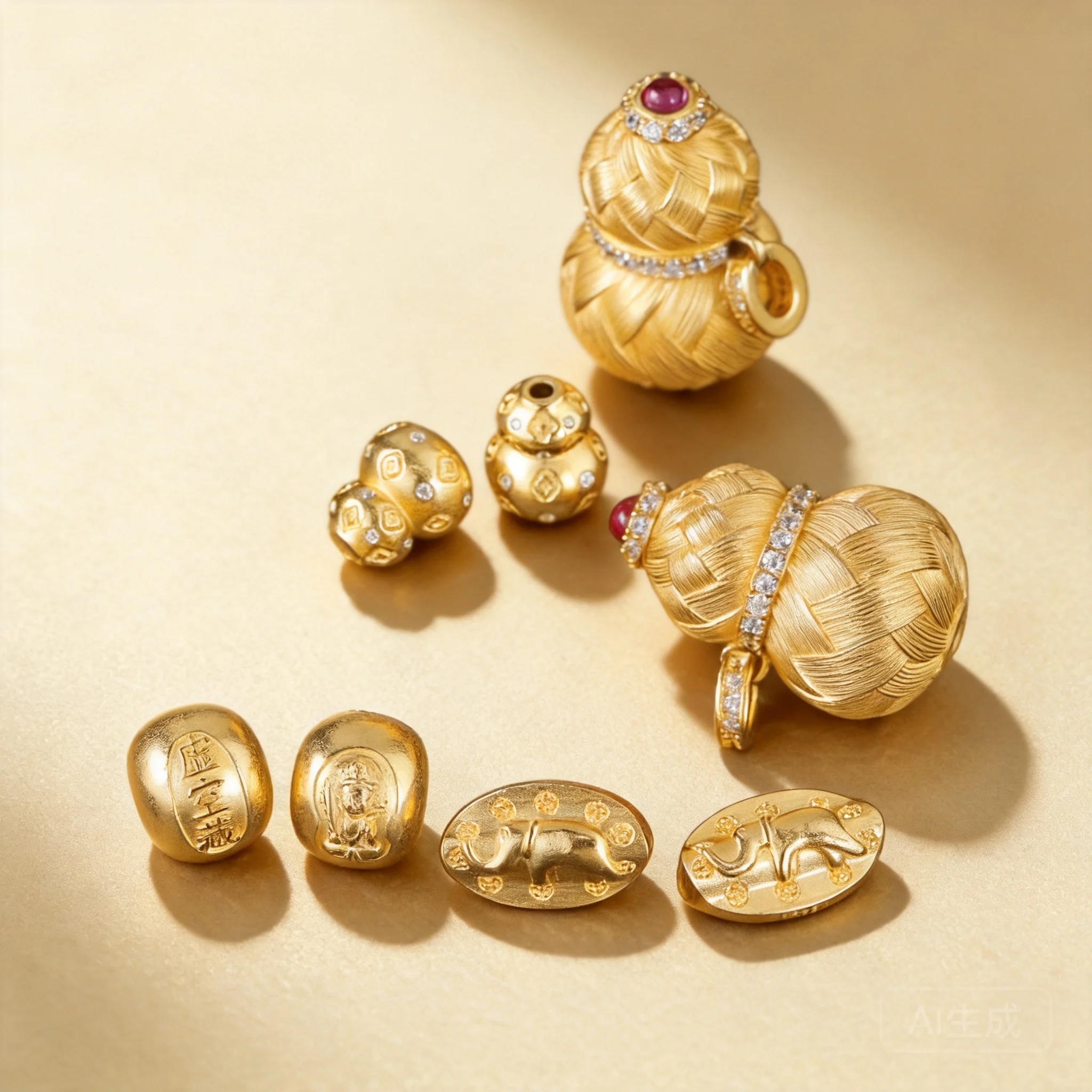 Chinese Traditional Good Luck Wealth Blessing Brushed 24k Gold Plated 925 Sterling Silver Gourd Ruyi Elephant Spacer Charms Bead