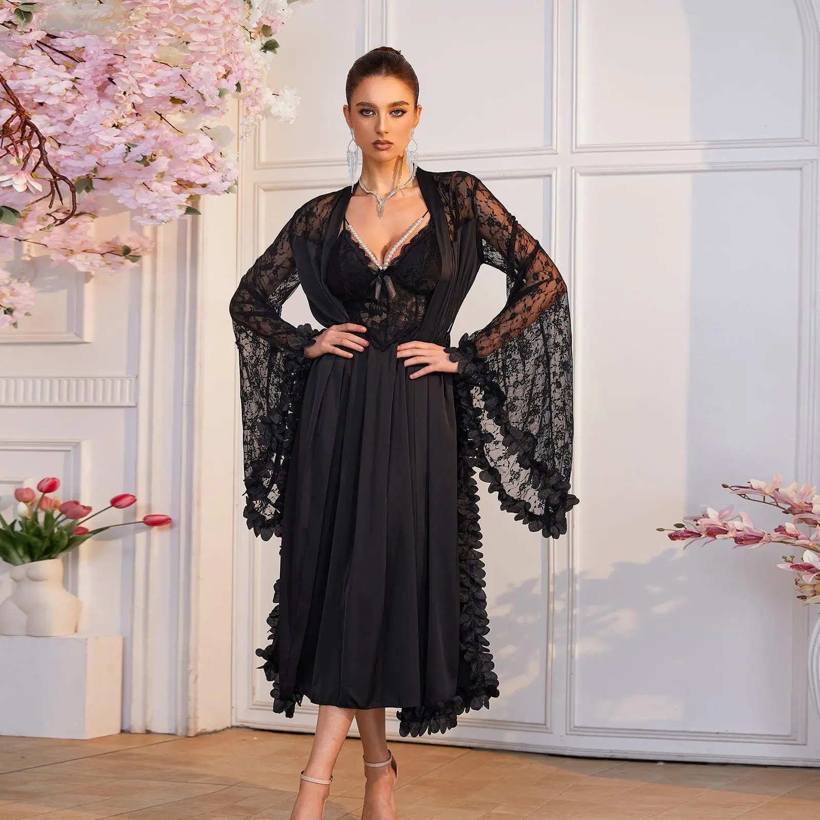 Women Water Soluble Lace Decor Flared Sleeve Robe Set Patchwork Drapey Long Dress Two Piece Home Loungewear