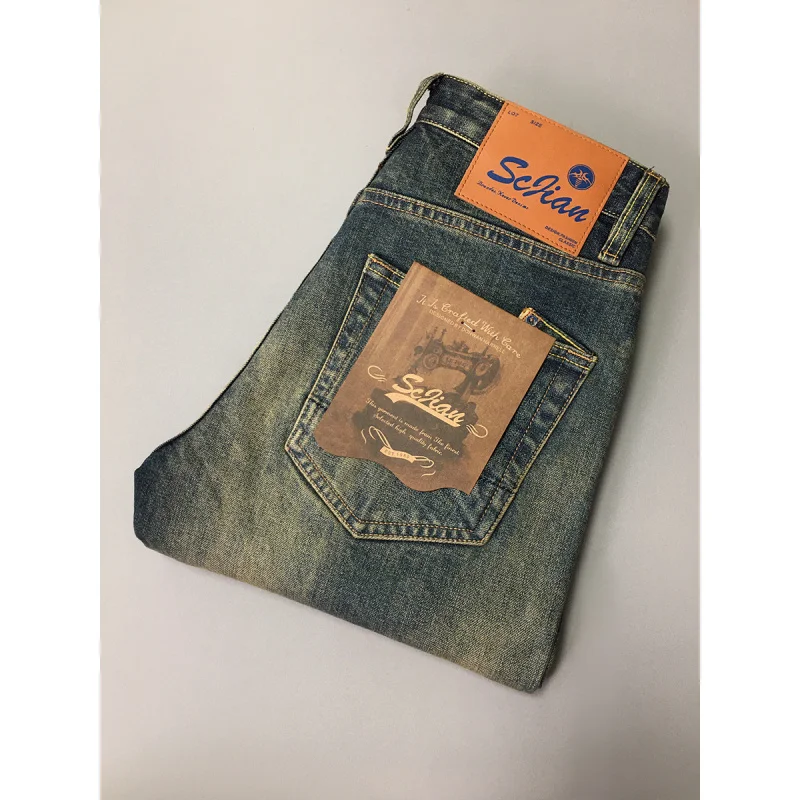 ストリートファッションヘビーウェイトレトロジーンズメンズトレンドダメージウォッシュデニムスリムフィットスモールレッグパンツ