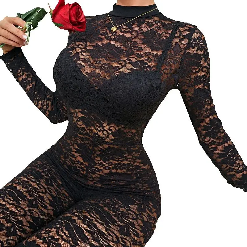 

Lace Mesh Jumpsuit Fashion Slim Long Sleeves Shapewear Bodysuit Zipper Women See Through One Pieces Sexy Lingerie Shaper Romper