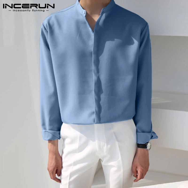 INCERUN 2024 Men\'s Shirt Streetwear Long Sleeve Stand Collar Button Korean Style Shirts Solid Color Fashion Casual Men Clothing