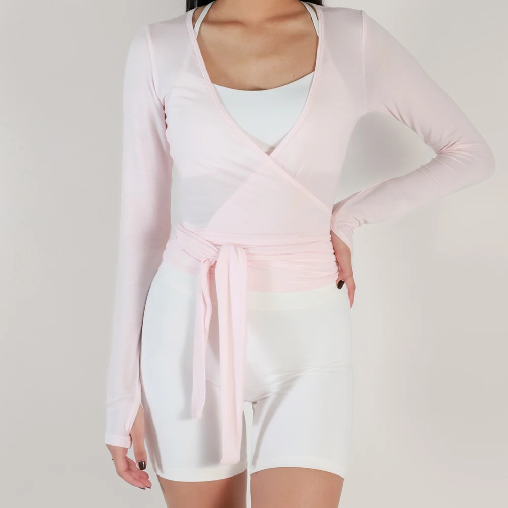 المرأة مثير التفاف المحاصيل القمم تيز كم طويل العميق الخامس رابطة عنق تجريب الباليه بيلاتيس اليوغا تي شيرت مع ثقوب الإبهام اقتصاص القمم #2