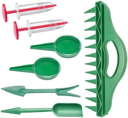 

7PCS Mini Seed Spreader Kit with Adjustable Speed & 12-Hole Dibber – Garden Sowing Tool for Lawn, Farm, Yard