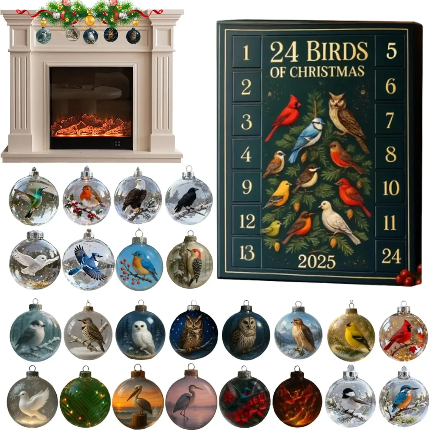 לוח שנה לספירת חג המולד, קישוט ציפורים שטוח 2D עם ספירה מספרים ליום 24, לוח שנה אינטראקטיבי לחגים עם צבעוני