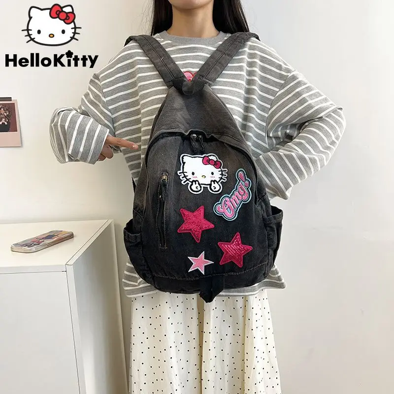 Sanrio Hello Kitty Fashion Book Bag Y2K Spicy Girl Style Cowboy Backpack Cartoon Large Capacity Versatile Student Shoulders Bag