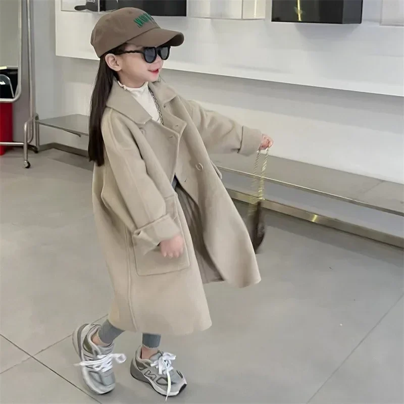 Woolen Coat Korean Girls Casual Windbreaker Autumn Winter New Baby Loose Khaki Color Overcoat Outerwear Childrens Clothing