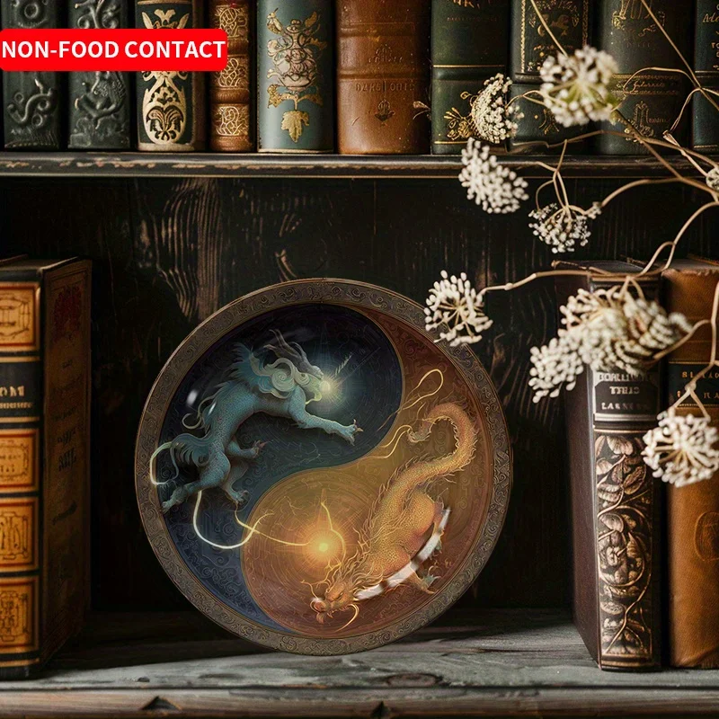 1pcChinese Dragon Ceramic Decorative Plate Round Yin Yang Dragon Wall Art Home Decor Non Food Contact Gift for FestivalPerfect