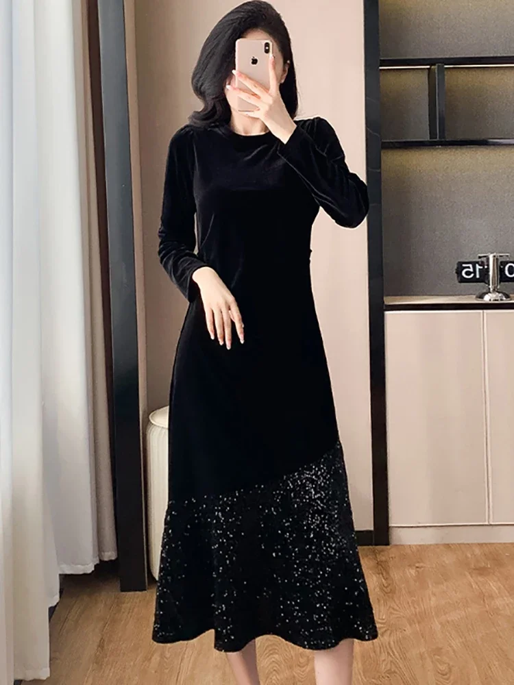 2024 Korean Vintage Hepburn Luxury Long Dress Autumn Winter Black Velvet Patchwork Sequins Ruffled Dress Women Elegant Vestidos