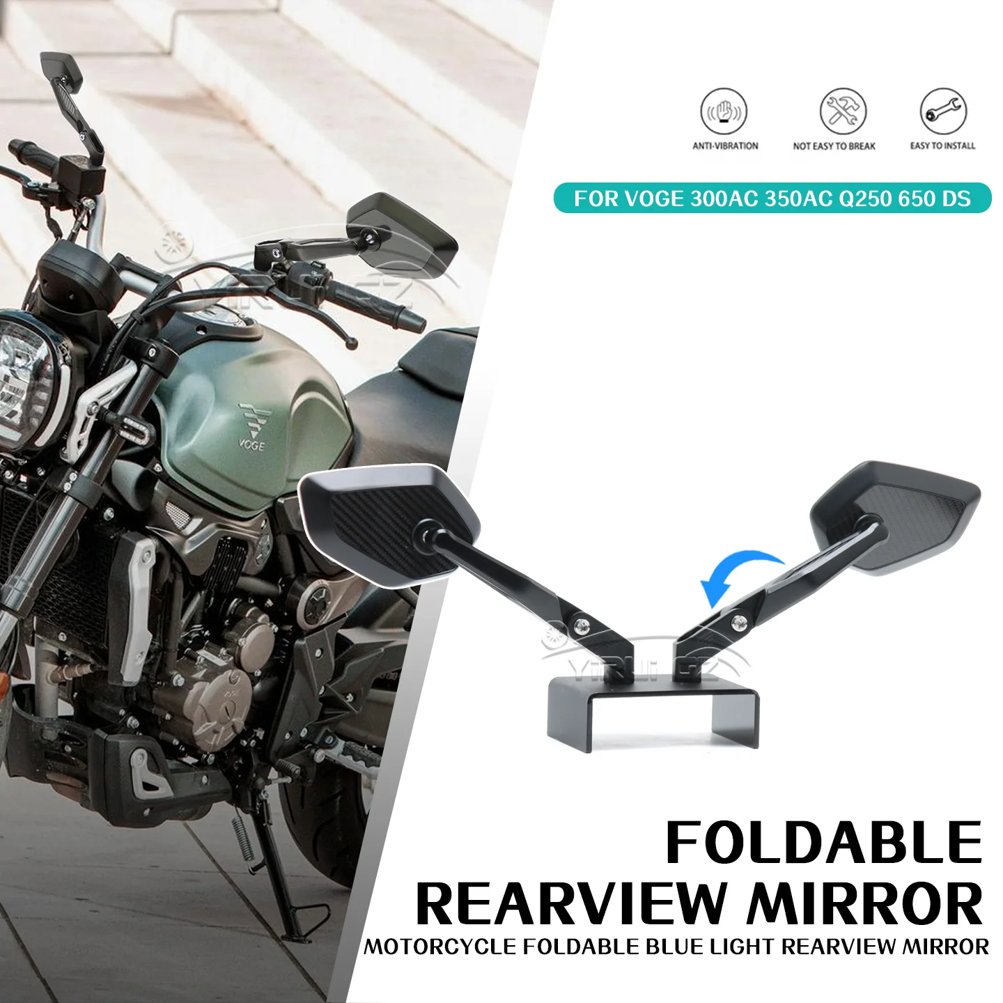 

Motorcycle rearview mirrors Rearview FOR VOGE 300 350AC Q250 650 DS Side Mirror Foldable mirror rod Blue light anti-glare mirror