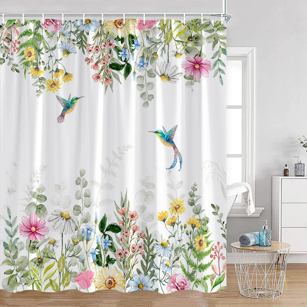 Floral Shower Curtain Watercolour Flowers Plant Hydrangea Lavender Butterfly Bath Curtains Set Fabric Bathroom Decor With Hooks