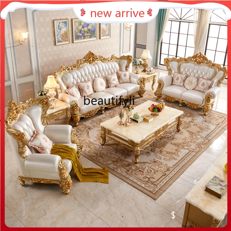 S132 European leather sofa, full solid wood carving flower leather sofa large apartment U-shaped living room combination