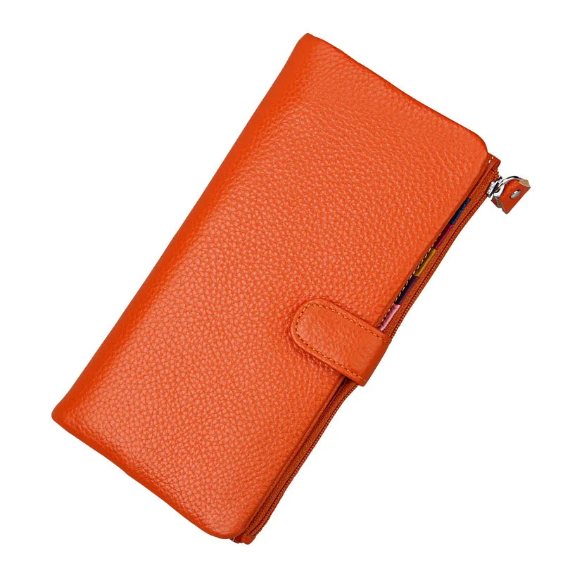 Long Wallets for Women Genuine Leather Clutch Purse with Zipper Coin Pocket Candy Colors Phone Bag Card Holder Red Orange Wallet