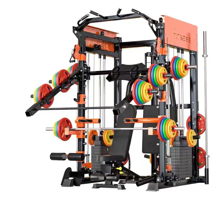 Jaula de Sentadillas Todo en Uno de Grado Profesional con Brazo Motorizado, Barra Smith, Pec Deck y Calf Press con Capacidad de 700 kg
