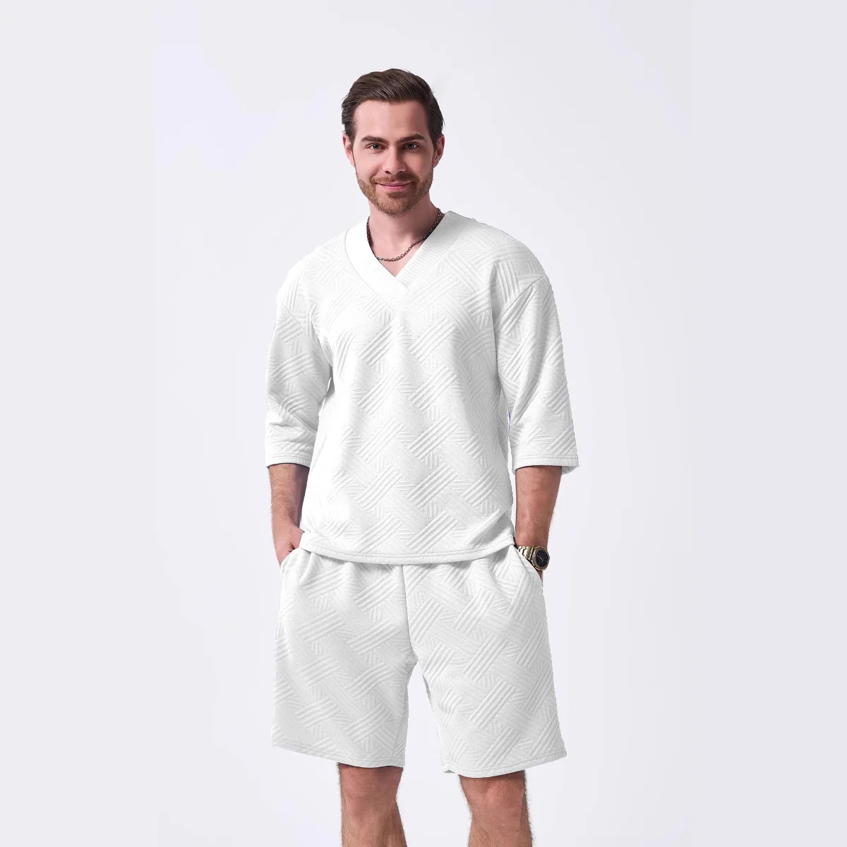 

Summer men's new style American-style V-neck casual trendy loose short-sleeved jacquard outdoor jacket and shorts set
