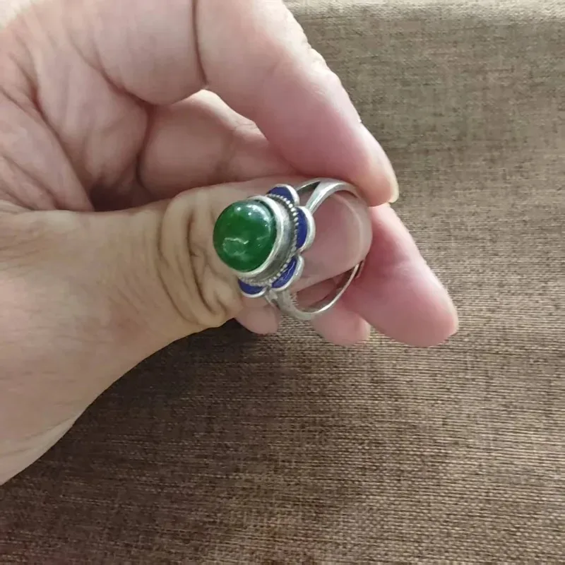 Retro Blue Enamel Floral Adjustable Ring Unisex Round Imitation Green Jade Stone Antique Silver‑Plated Boho Finger  Jewelry