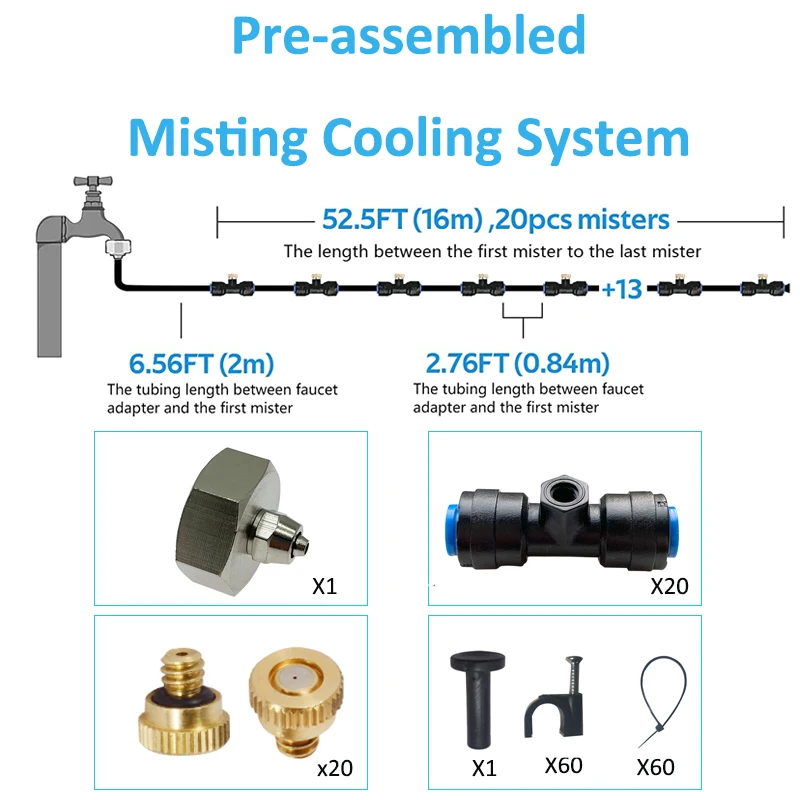 

Misting Cooling System 59FT Mister Line 20 Pcs Brass Nozzles 3/4" Adapter Outdoor Patio Garden Terrace Trampoline Waterpark