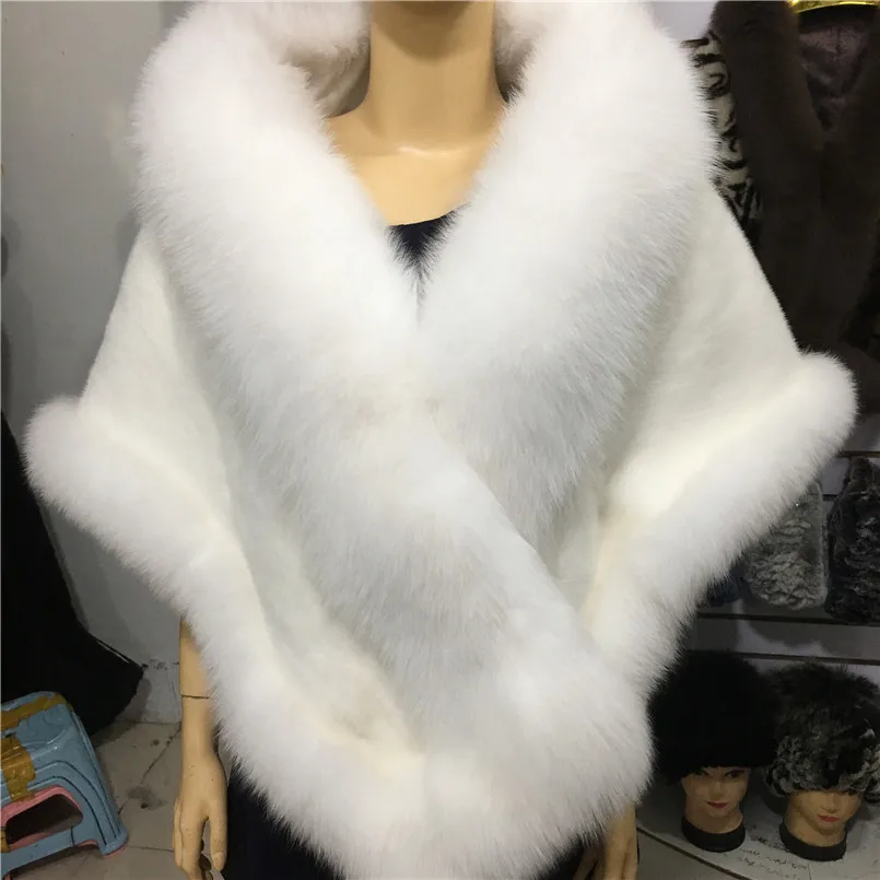 

Natural Mink Fur Cape with Real Fox Fur Trimmed Women Luxury Snow White Shawl Gray Cloak Classic Outerwears Women Clothing