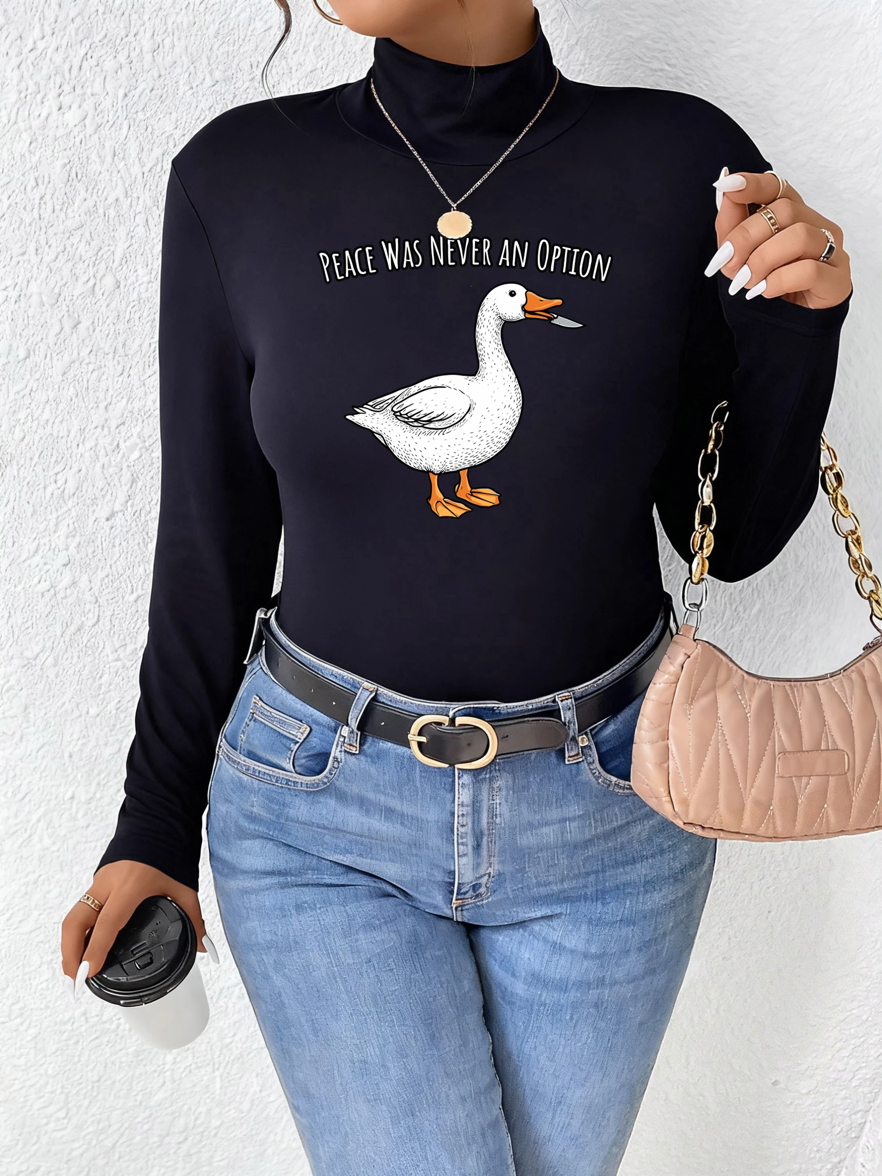 

Peace Was Never An Option Knife Goose Design Womens T Shirt Fleece Elasticity Basic Shirts Autumn Half High Neck Long Sleeves